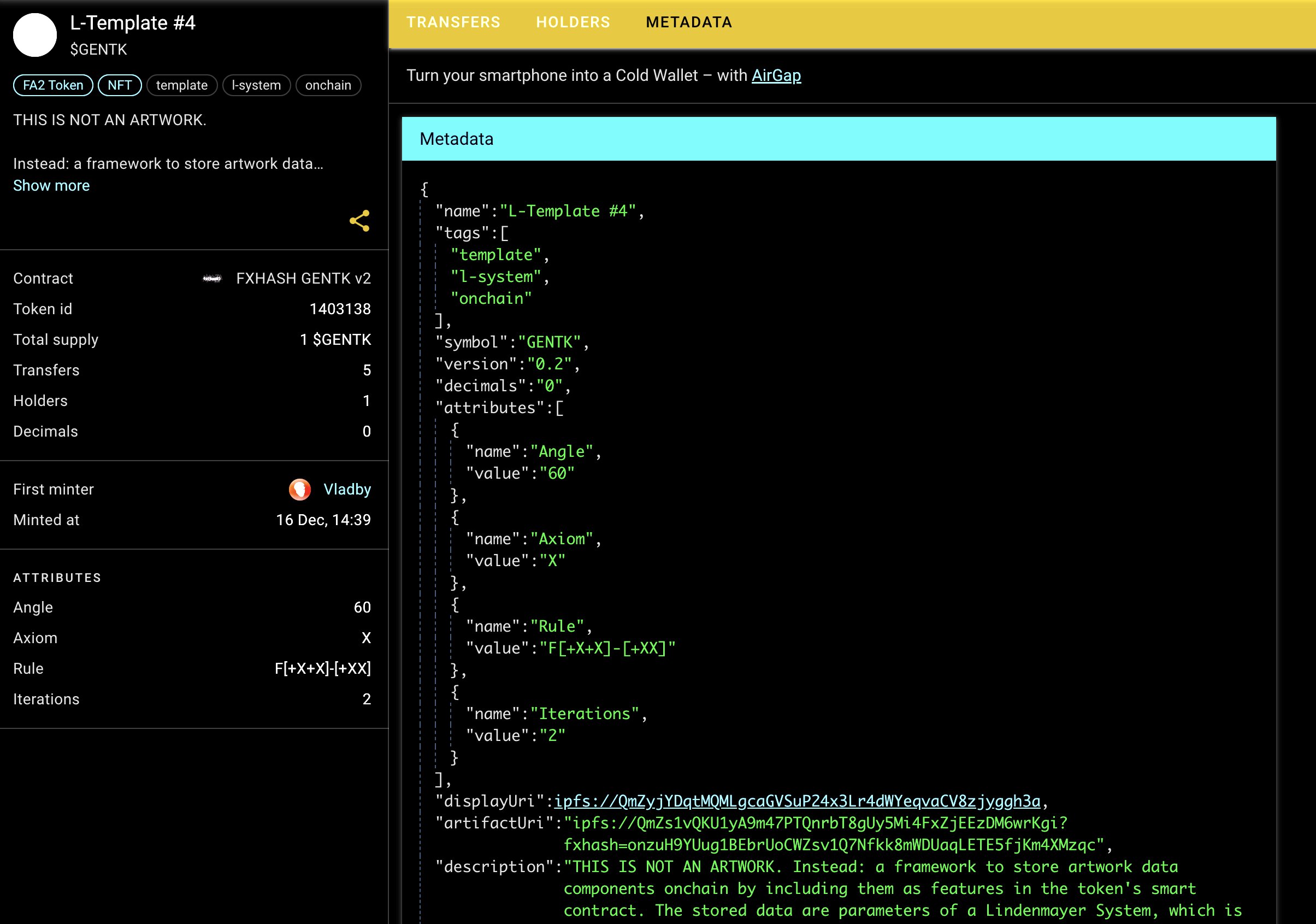 Token metadata, stored as transaction parameters, shown on TZKT tezos blockchain explorer