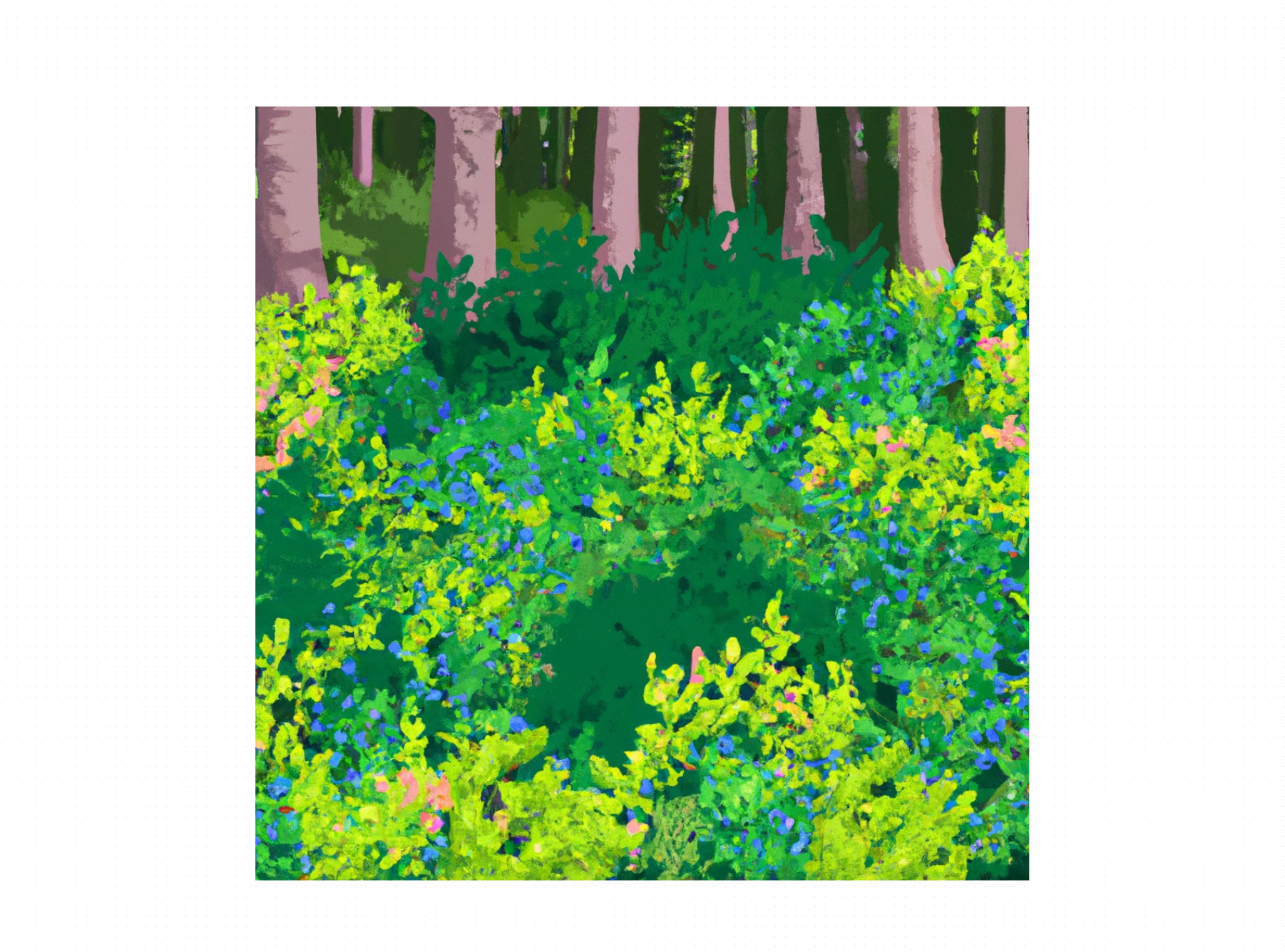 Dall-e generated image from the prompt "An illustration of an Scandinavian forest with blueberry undergrowth in summer” 