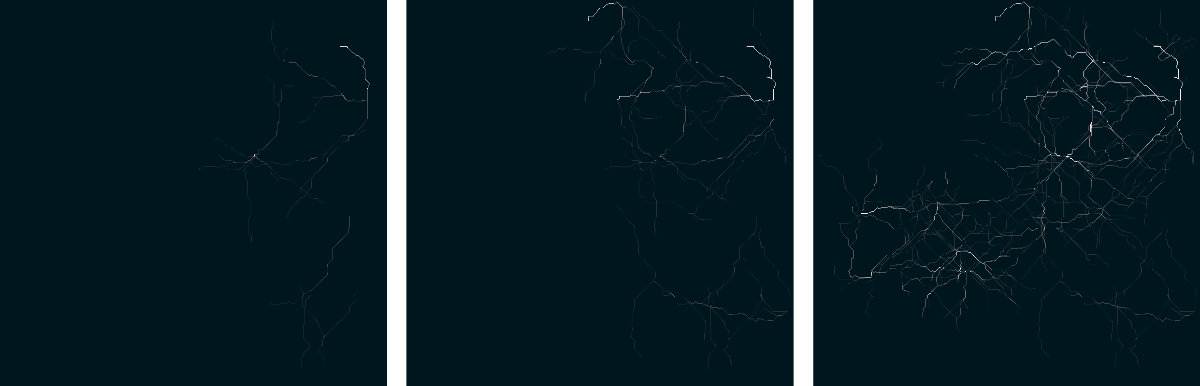 Snapshots of different phases of optimal path calculations between randomly chosen points.