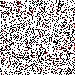 A voronoi cell network generated from the Centroidal Voronoi Tessellation algorithm.