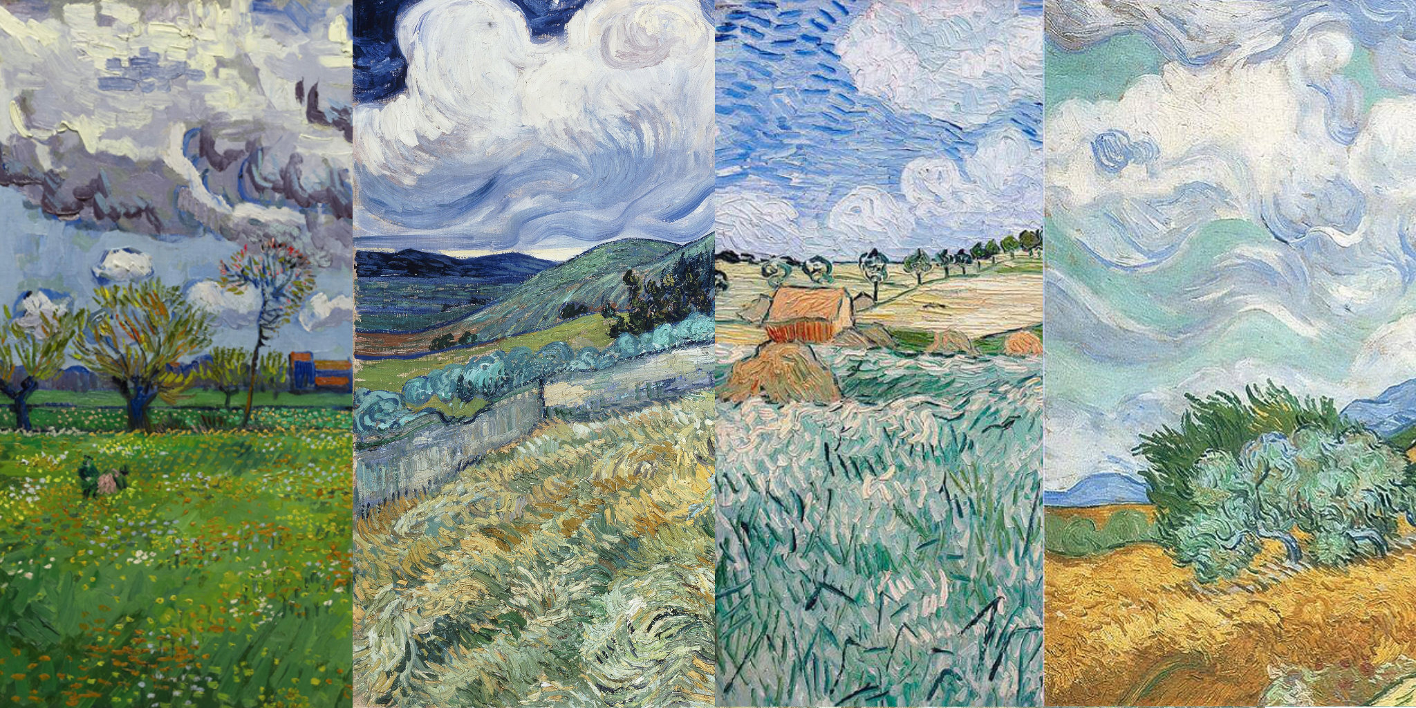 Details of "Landscape under a Stormy Sky",  "Landscape from Saint Rémy", "Landscape near Auvers: Wheatfield" and "Wheatfield with Cypress Tree" by Vincent van Gogh (from left to right)