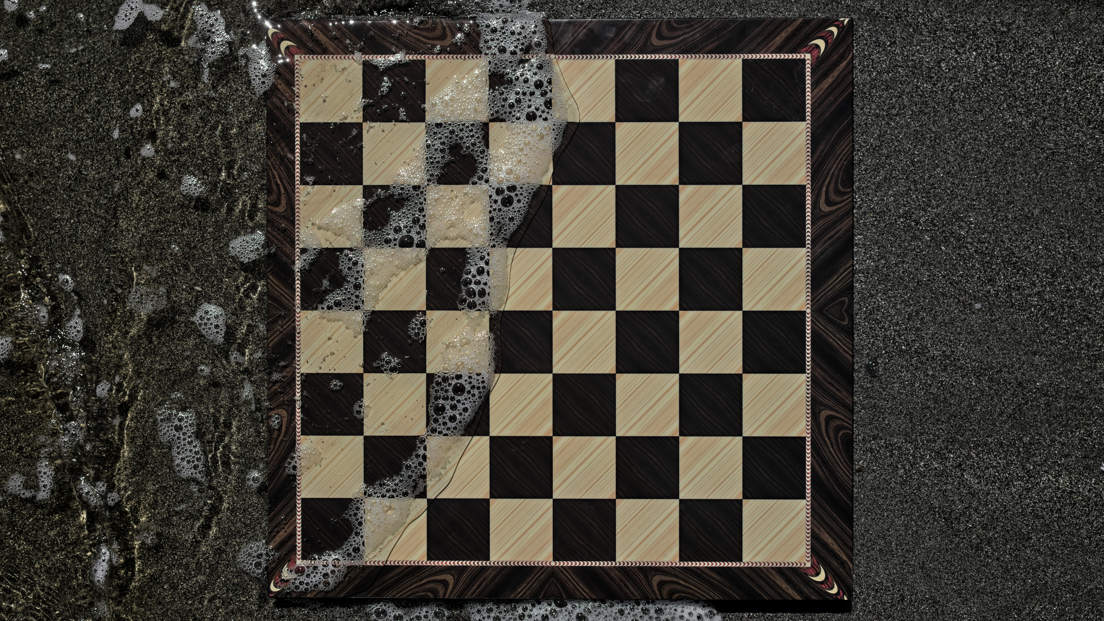 intricate wooden chess board on grass