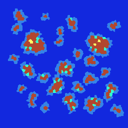 Light-blue regions represent shallow seawater. Cyan regions represent shore-water bays. Yellow regions within islands represent shore-water lakes.