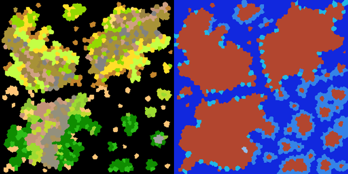 Prior land and water biome generation with coloured voronoi cells.