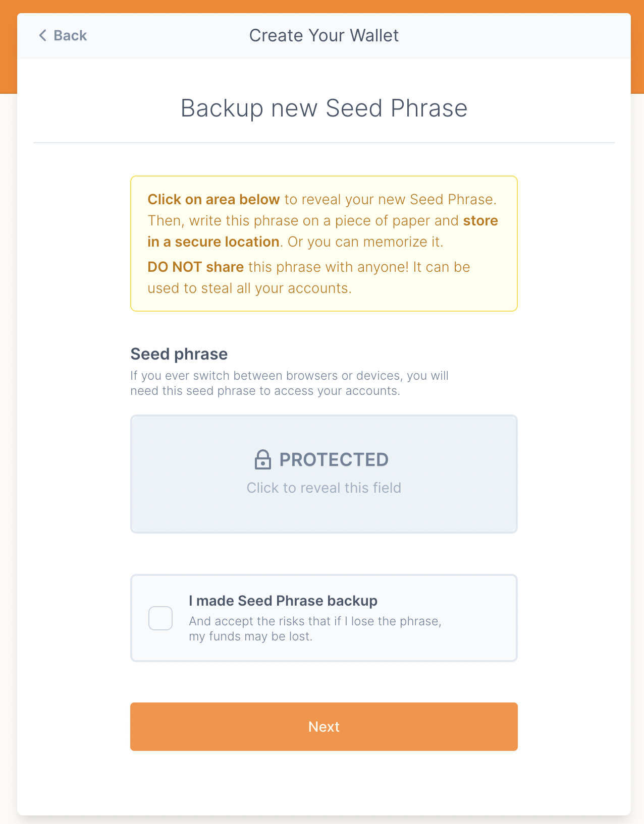Make sure to complete this step carefully and store your seed phrase in a secure location - ideally somewhere offline as well.
