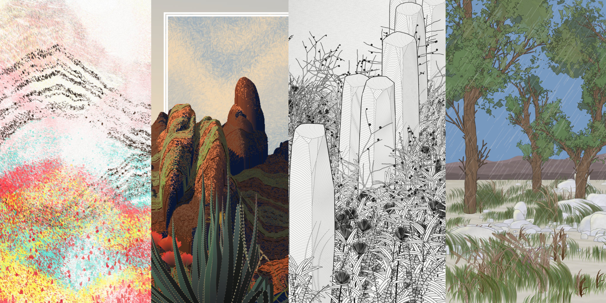 Details of "Cold Mountain #250", "Desert Sun Rising #22", "Garden, Monoliths #27" and "Rain Ritual #59" (from left to right)