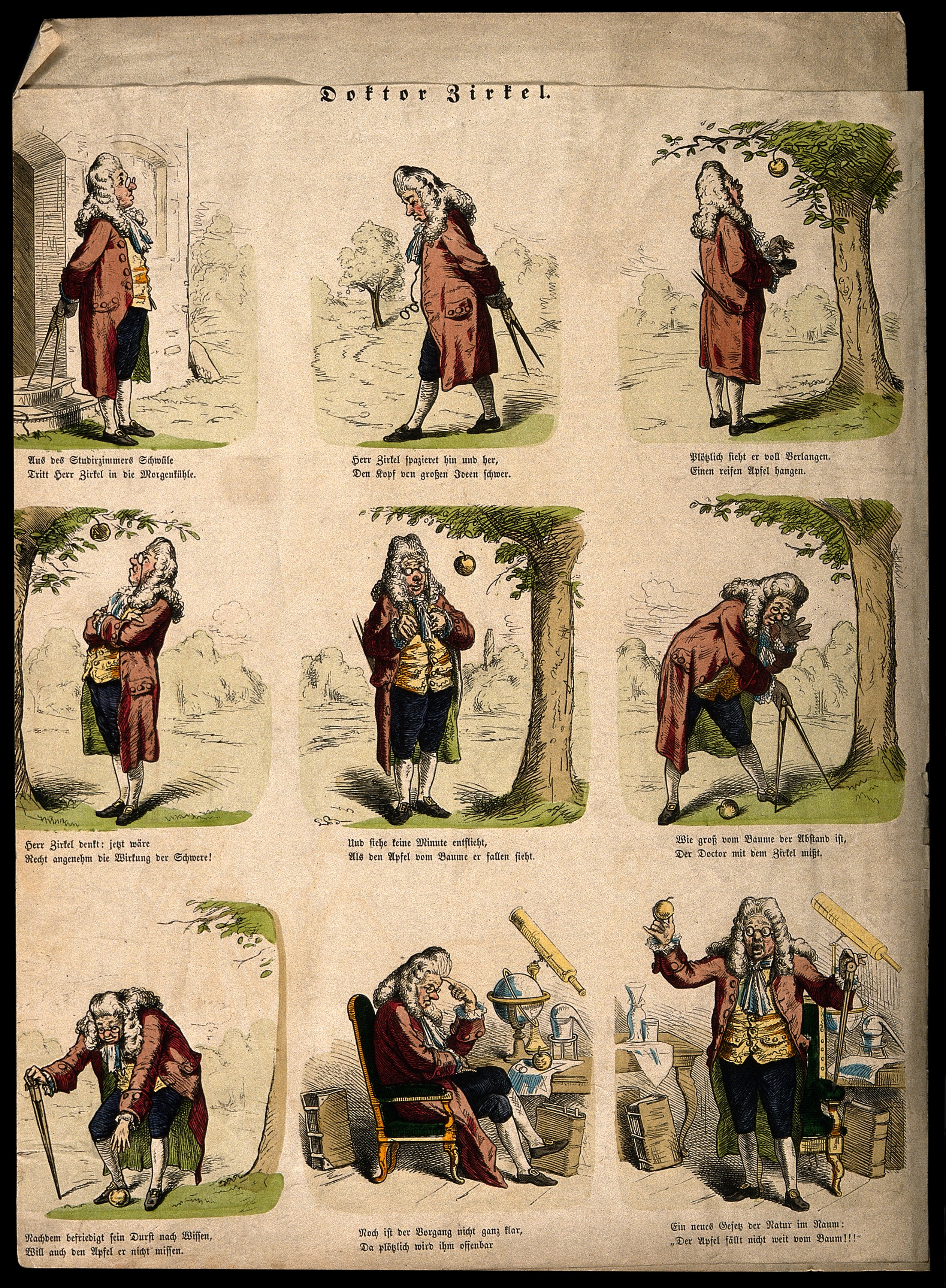 Doctor Zirkel follows Newton's famous steps under the fabled apple tree. Colored wood engraving.