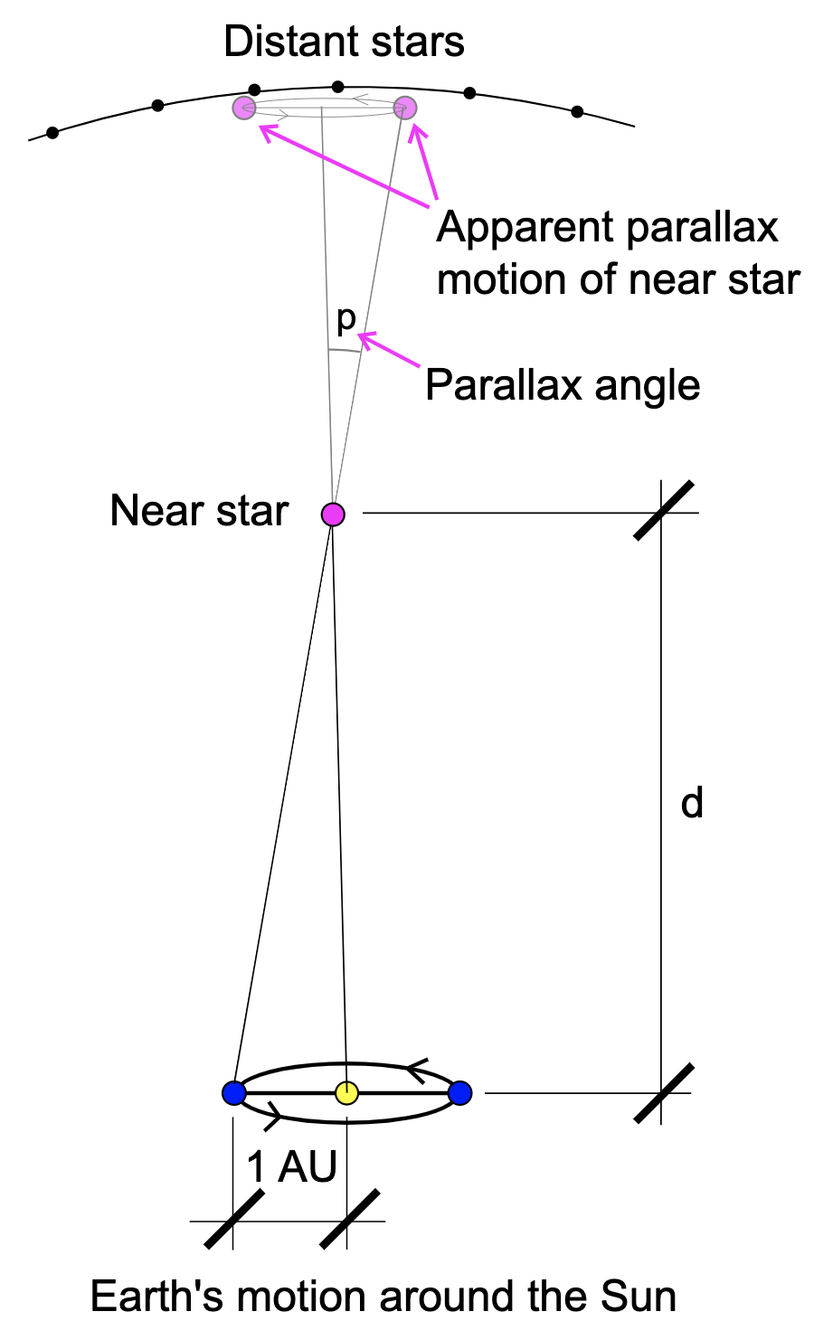 Stellar parallax (Image credit: Srain on wikimedia.org, content modified)