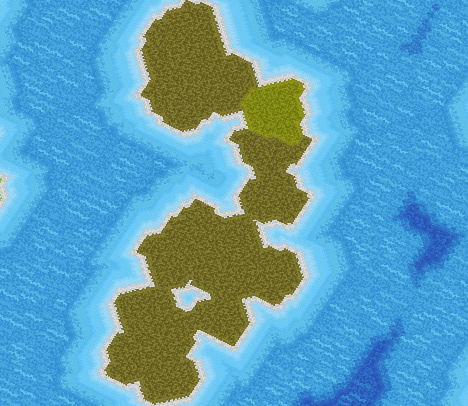 An elongated island formed from two medium-sized islands in the temperate region.