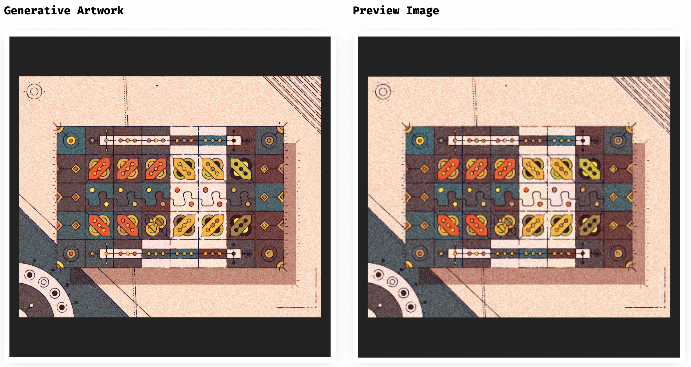 Comparison between the generative artwork and the Fxhash viewport capture at a resolution of 400x400