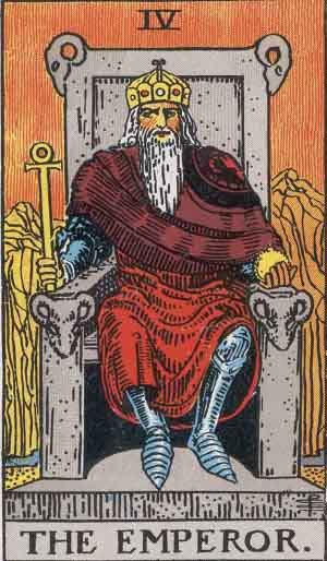 These sentiments are reflected in The Emperor (Rider-Waite), the Tarot card associated with Aries. In the Rider-Waite version of this card, the Emperor sits upon a large stone throne adorned with four rams heads (symbolic of Aries). He's a paternal figure that gives structure, creates rules and systems. The Emperor is often associated with leadership, authority, and the establishment of order. 