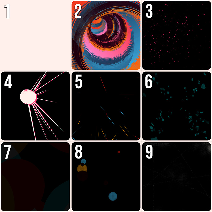 1 : Background, 2: Color rings, 3, 4: Explosion, 5: Dashes, 6: Rocks, 7: Overlay circles, 8: Color circles, 9: Overlay