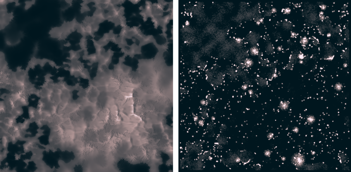 The image on the right shows the heatmap of the probability for a city to emerge in the terrain.