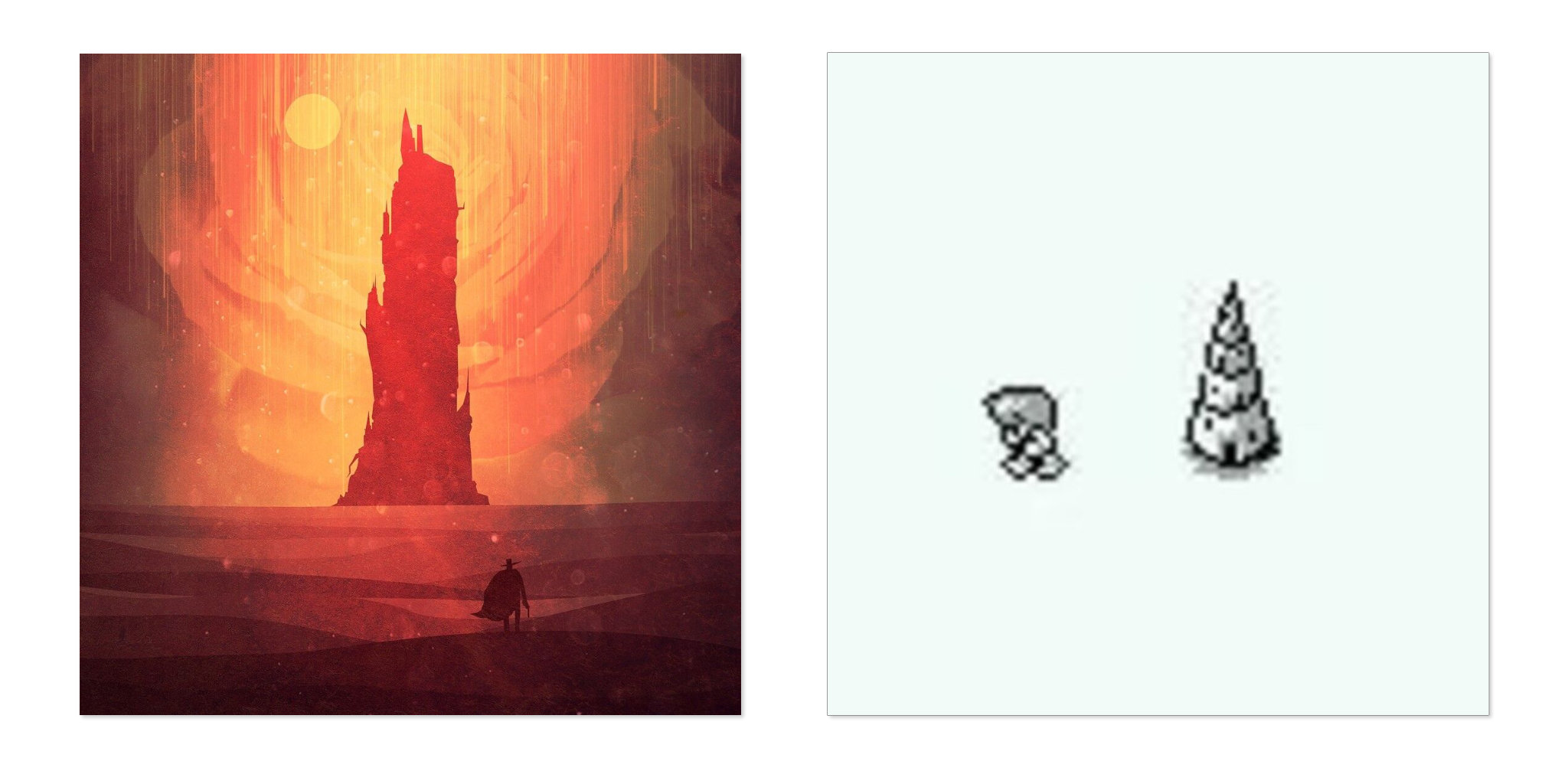 Fan poster for the book The Dark Tower (Alec Hank, left), screenshot from Final Fantasy Legend (Square, 1989, right)