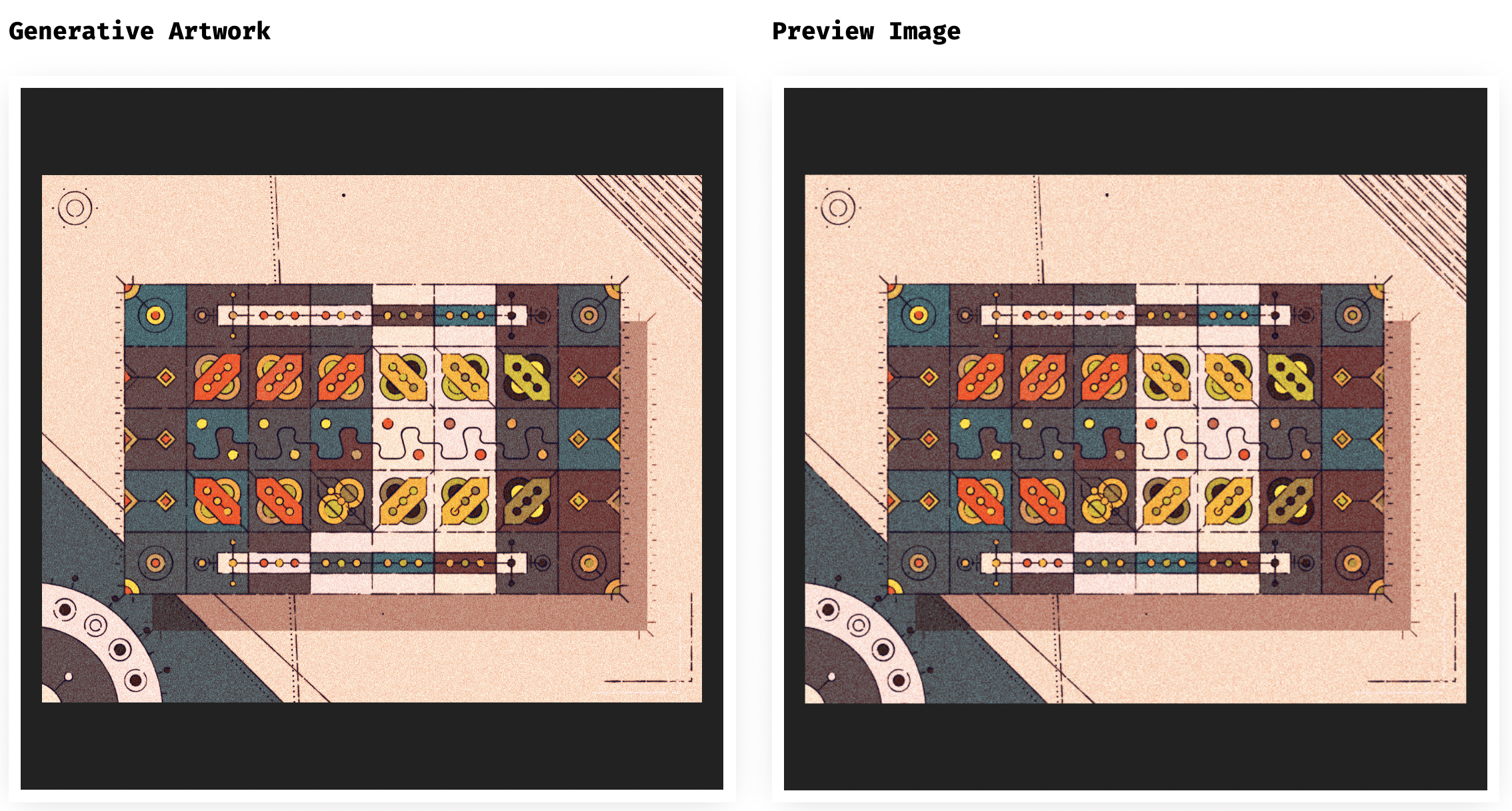 Comparison between the generative artwork and the Fxhash viewport capture at a resolution of 800x800