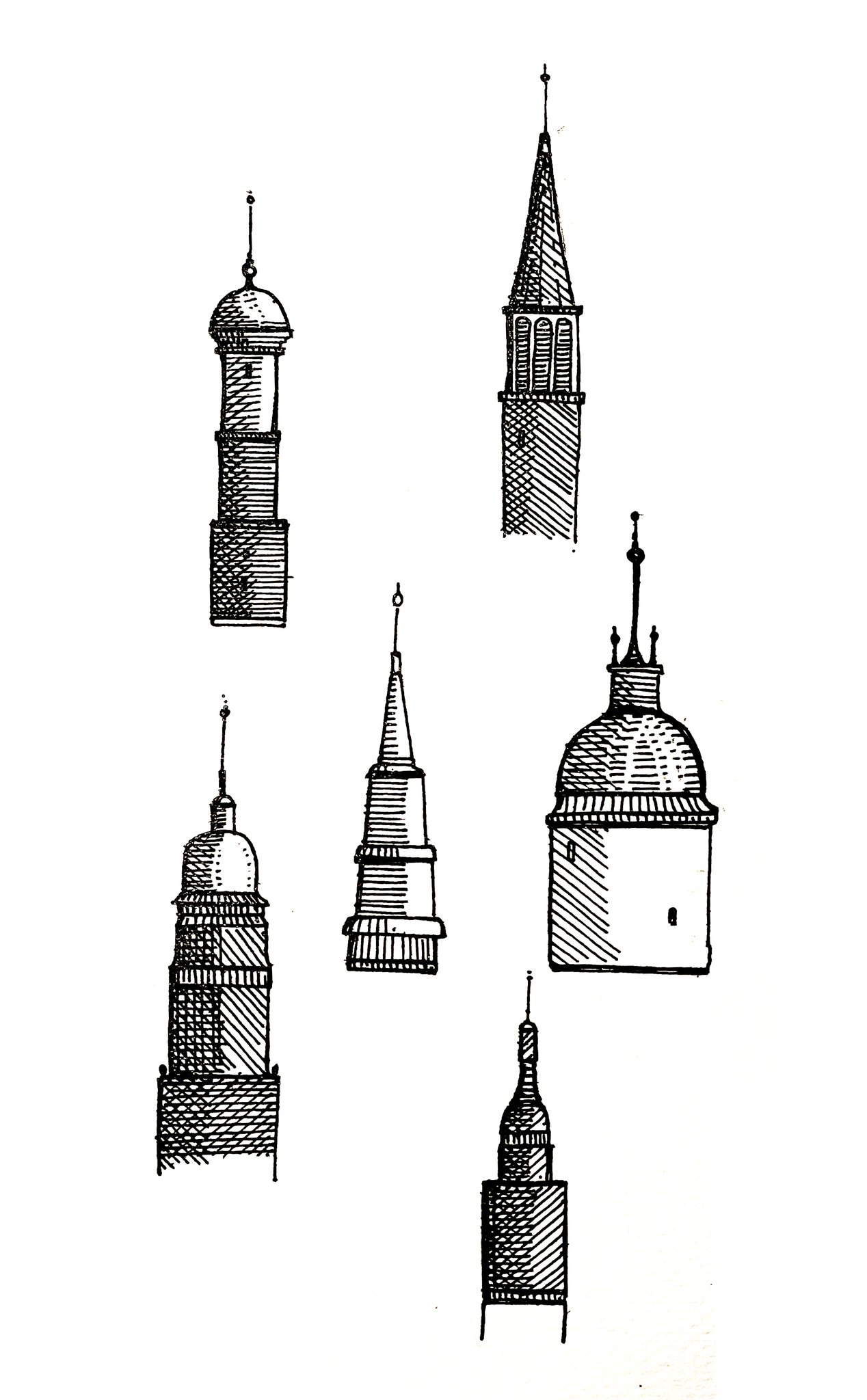 Various hand-drawn tower tops