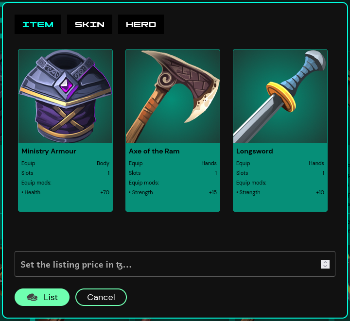 List items, skins or Heroes in the Store marketplace