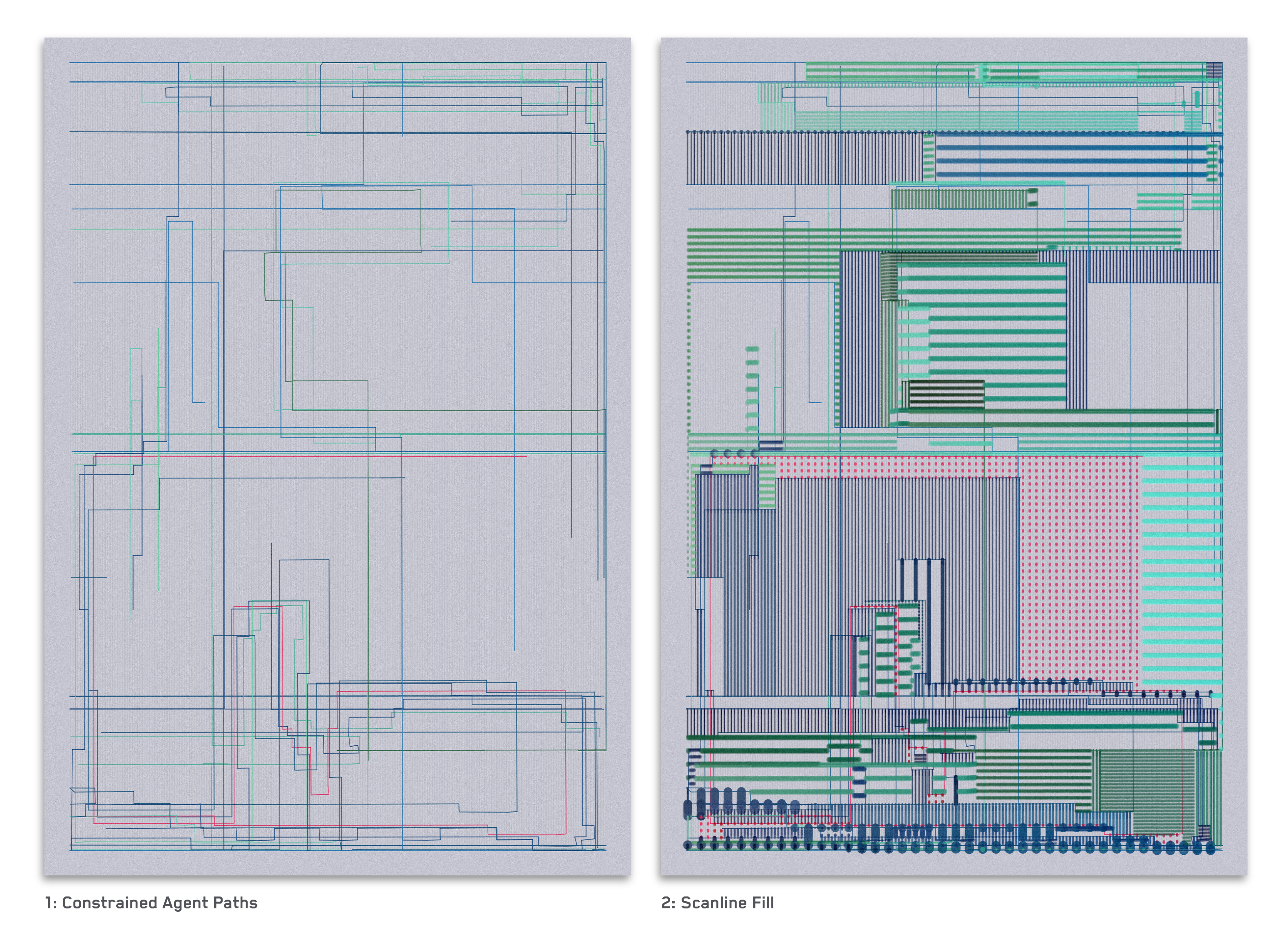 Overview of the two main steps (left) agent paths are drawn, (right) zones are filled with lines or dots.