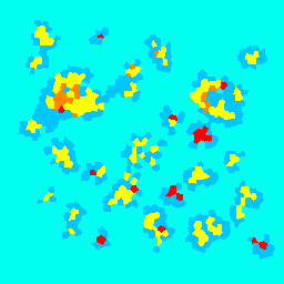 Seawater(cyan) tends to have moderately wet moisture, while some parts of the island(yellow,orange,red) tend to have drier moisture.