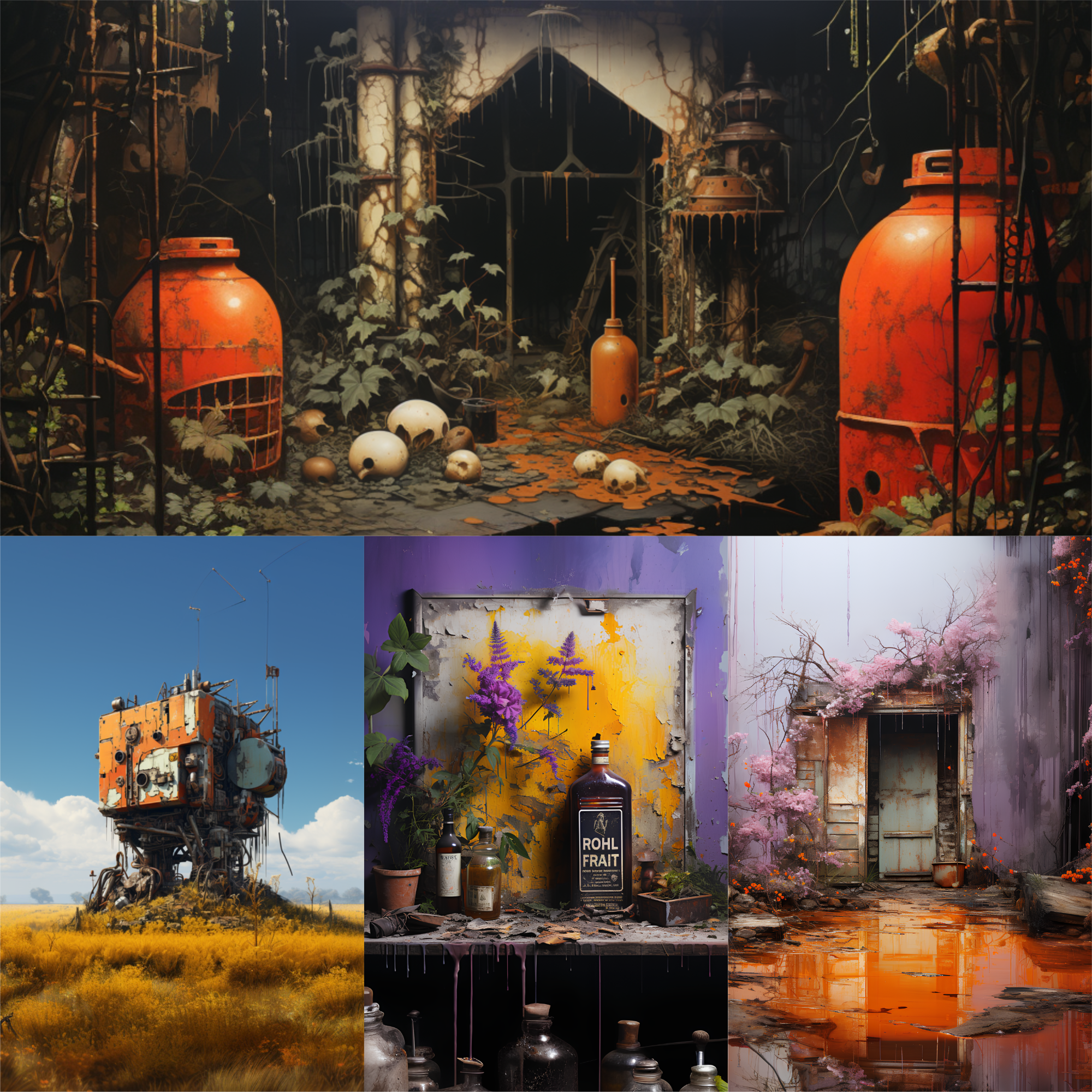 Midjourney output for the prompt "rust and hash", "rust and acid, purple hash" and "rust and acid and lilac"