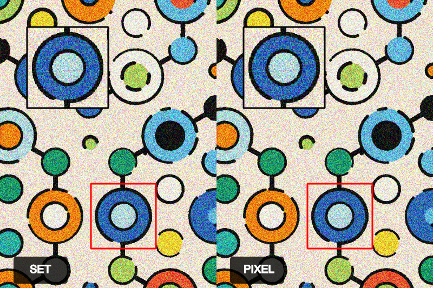 Comparison between the template sketch granulated by modifying the pixel array vs the get() and set() method at a pixel density of 1