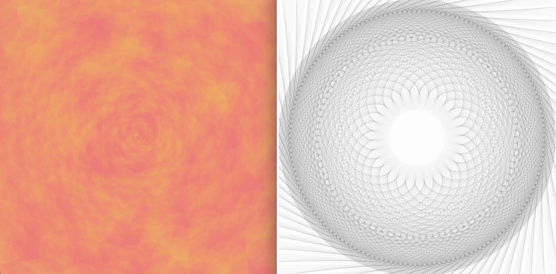 Background painting result and the foreground spiral lines that varies in stroke weight, rotation and color with each iteration