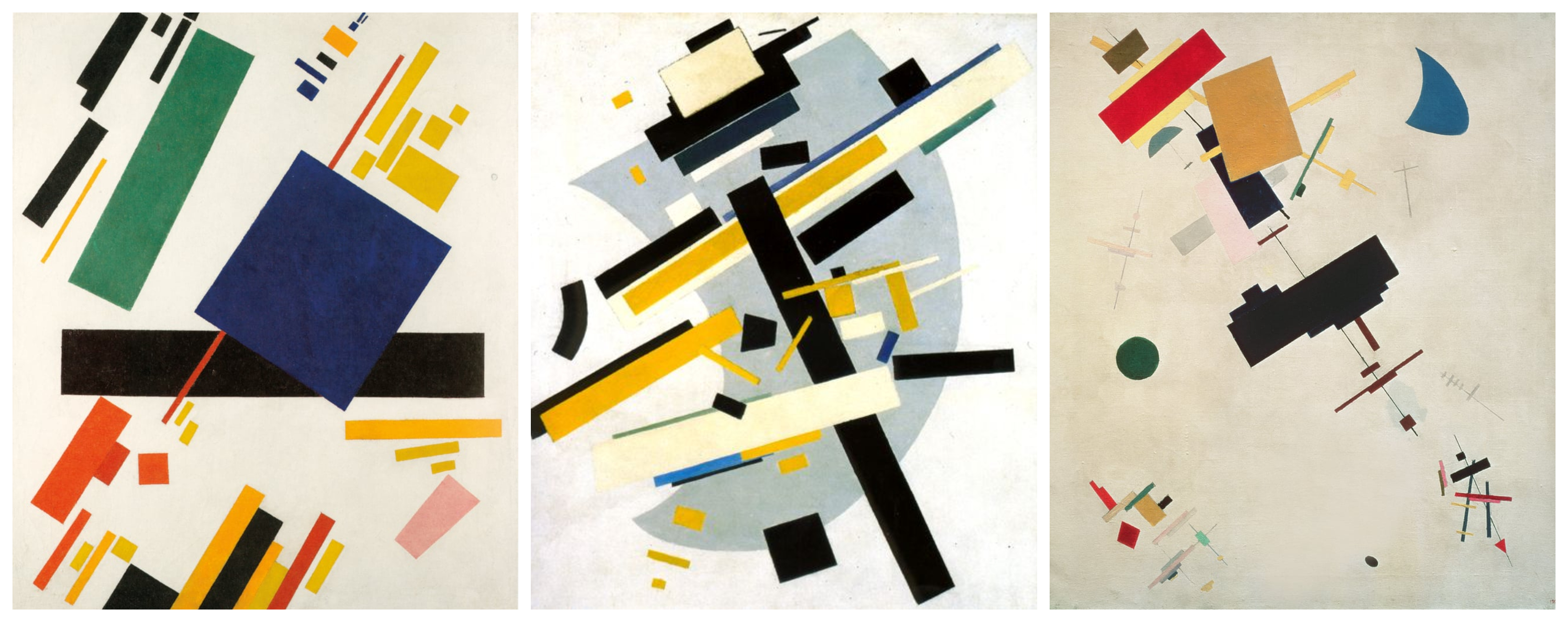 I am not entirely sure about the titles of Malevich's paintings, but in order of appearance from left to right: 'Suprematist Composition, 1916', 'Supremus Nr. 58 Dynamic Composition, 1916', 'Suprematist Composition Nr. 56, 1936'.