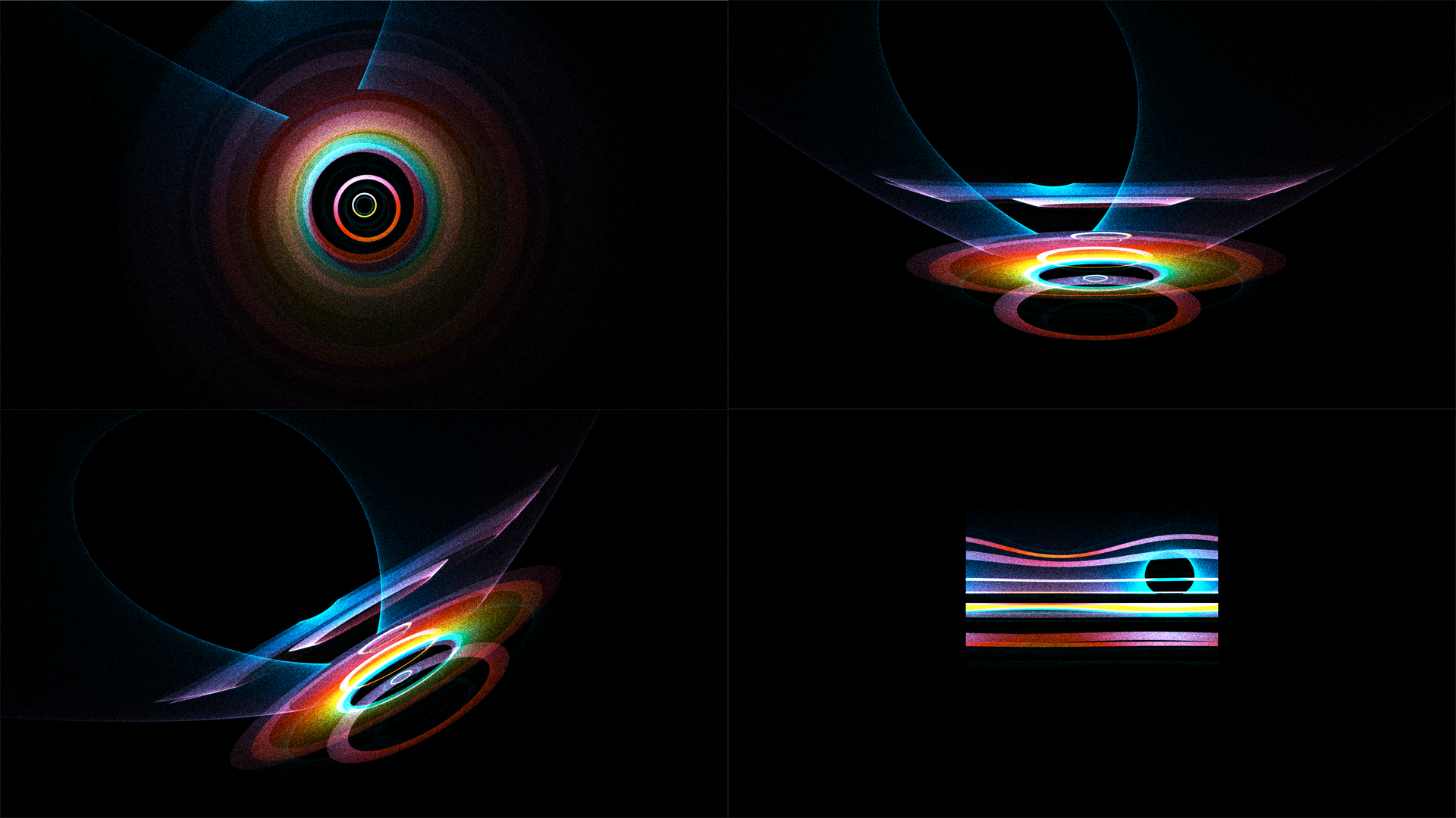 Four views on the same phenonemon. From top left to bottom right : zenithal view, lateral view, lateral view, equirectangular plane projection.