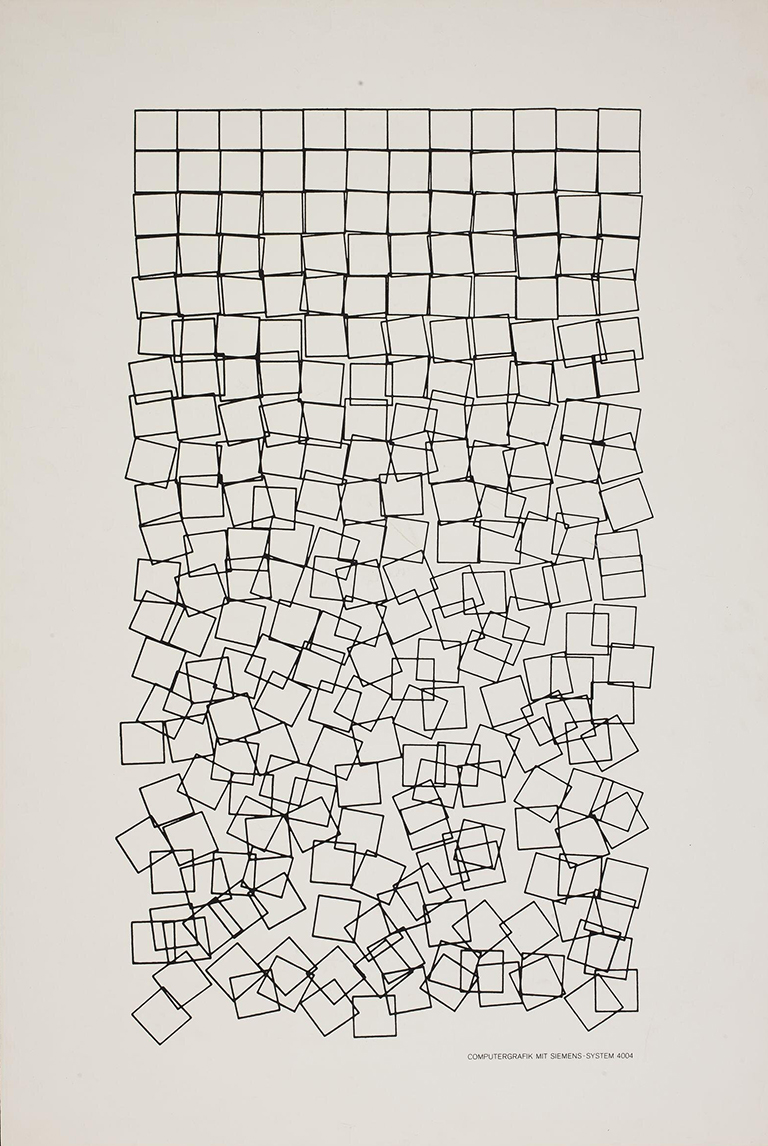 Lithograph in black ink from a computer-generated graphic, 'Schotter', 1968-1970, by Georg Nees.