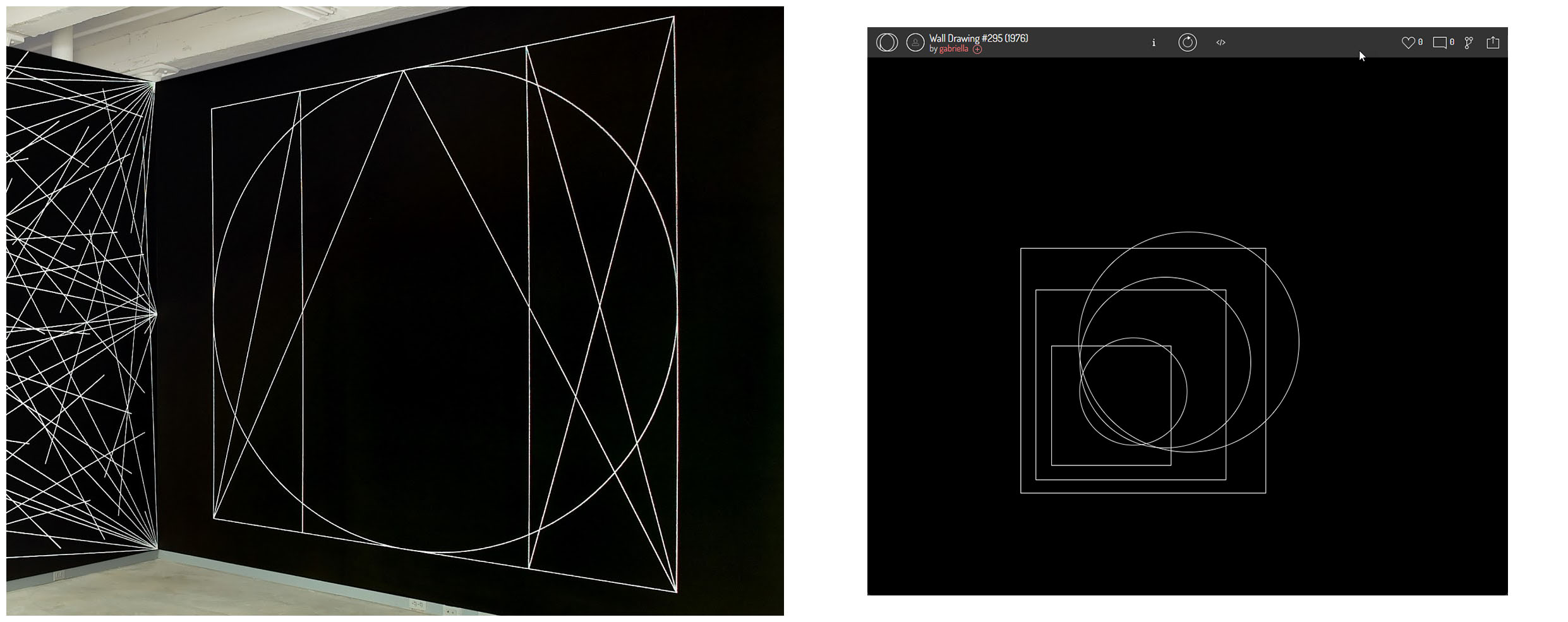 WALL DRAWING #295 - Six white geometric figures (outlines) superimposed on a black wall.