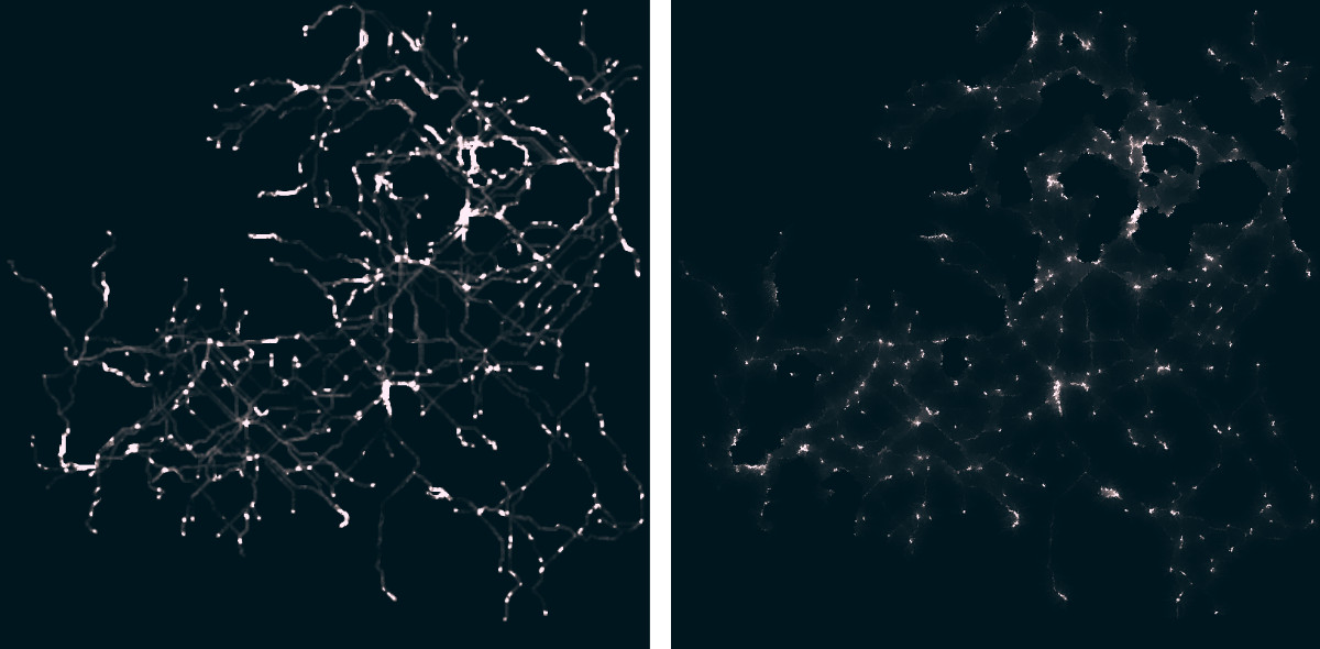 Images showing the map calculated by the above formula (left) and the same map after applying the erosion algorithm (right).