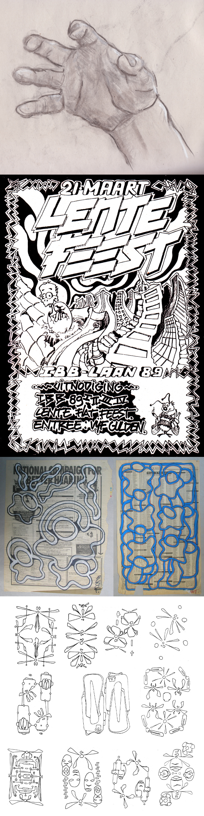 besides computer generated works, also always continued drawing by hand, flyer and sketches from 1989-1996