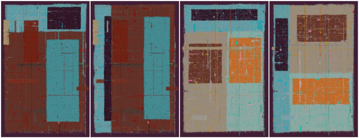 Composition with horizontal, vertical, horizontal-vertical, and vertical-horizontal partitioning (from left) from the palette "Spell"