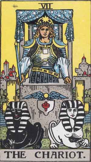 Cancer corresponds with The Chariot of the Tarot. In the raider Waite version of this card you can see a man standing commandingly over a pair of white and black sphinxes. It often symbolizes triumph over challenges, control, victory, and the ability to navigate conflicting forces. In isolation these associations might seem odd when connecting them with Cancer. But, when you consider Cancer's location in respect to the Saeculum, suddenly it becomes clear: Cancer is the first sign immediately following the Saeculum's ekpyrosis! The chariot largely symbolizes the success over the moment of maximum strife, from which a new cycle can emerge.