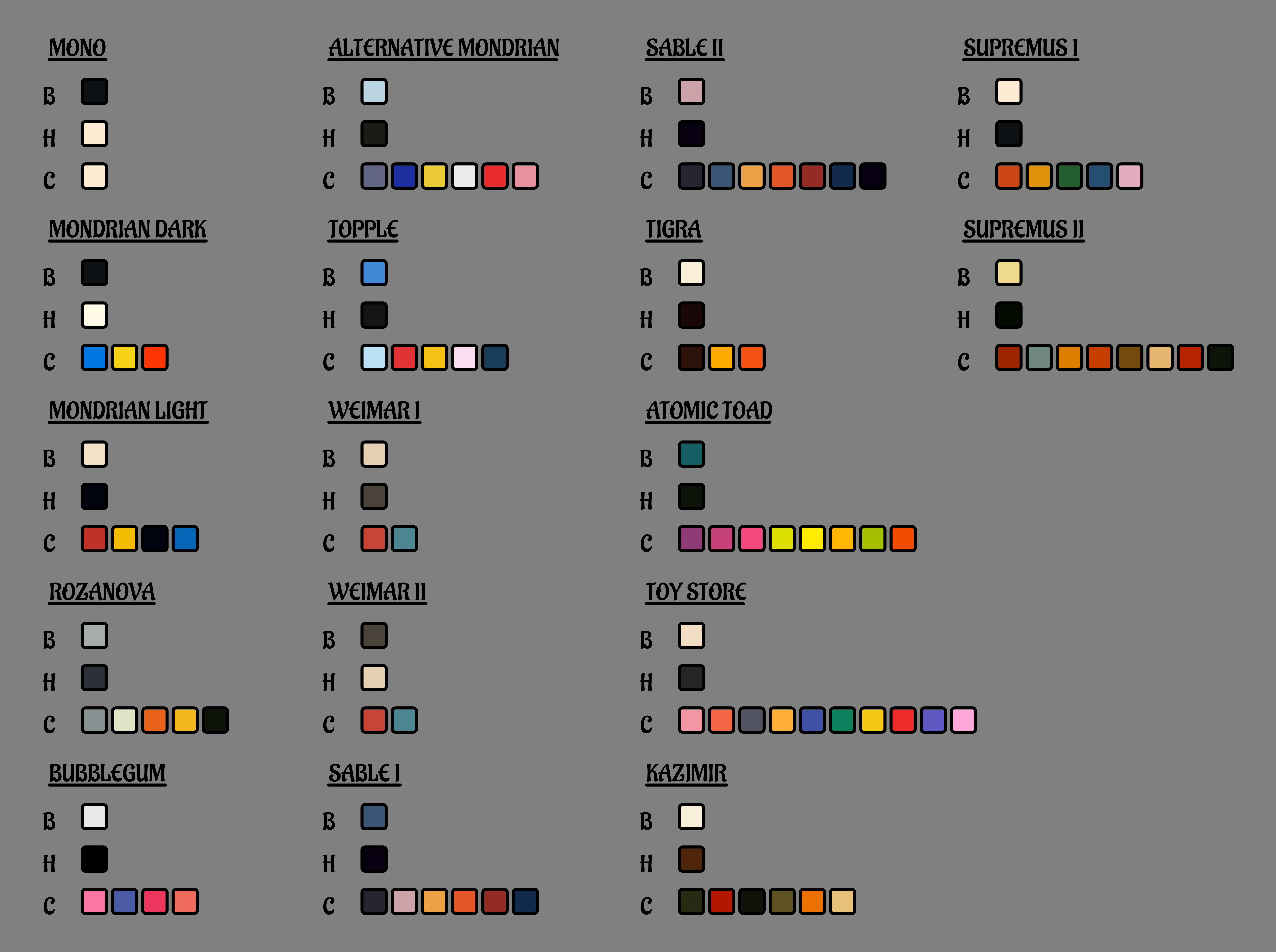 List of color palettes used | B -> Background Color | H -> Highlight Color | C -> Other Colors