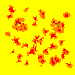 Seawater(yellow) has warm temperature in the equatorial region while the island surfaces(orange/red) can be hot and scorching.