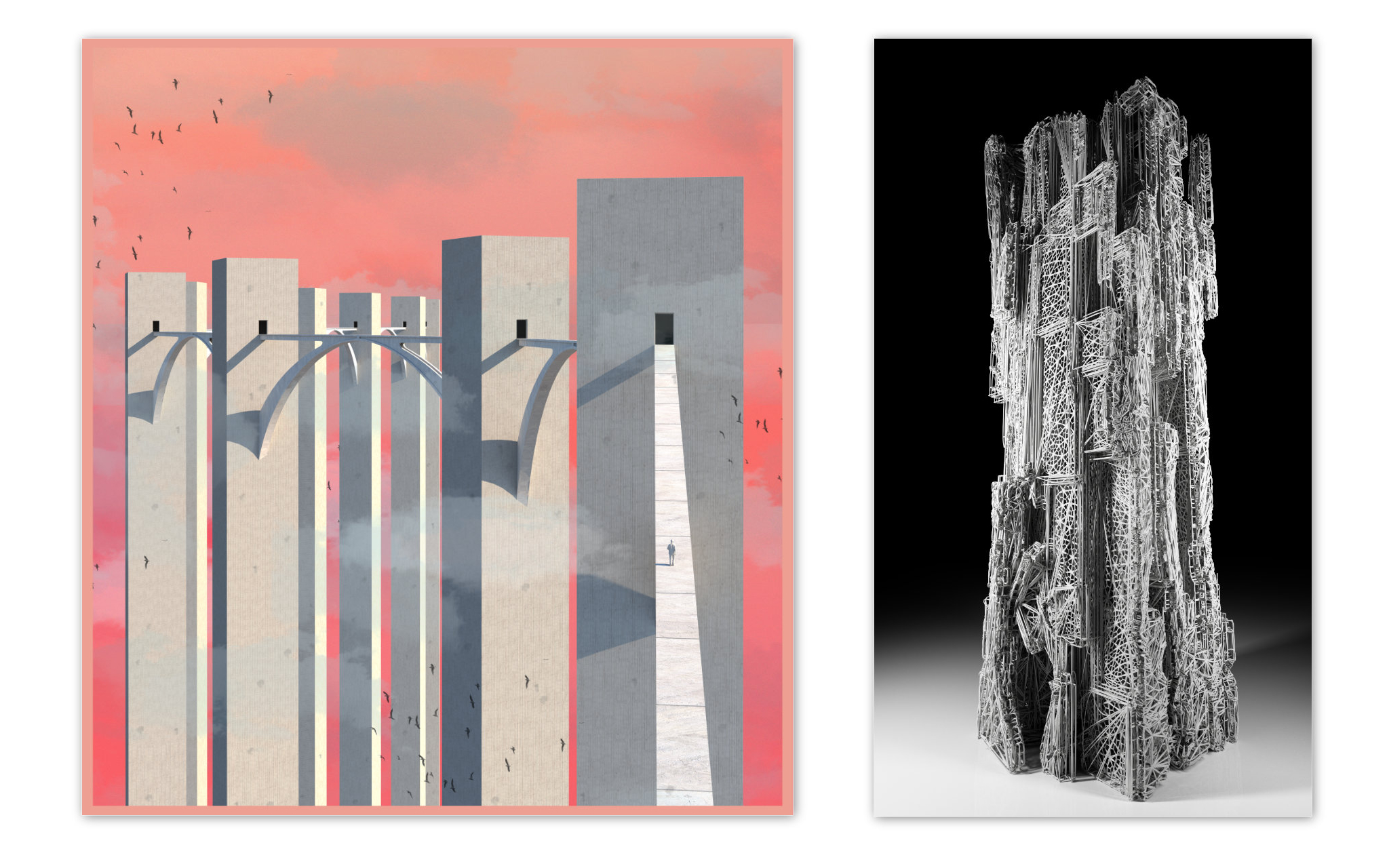 The Bridge by Ali Kazmaz (left), Monolith 002 by Zaki Jawhari/Urbandrone (right)