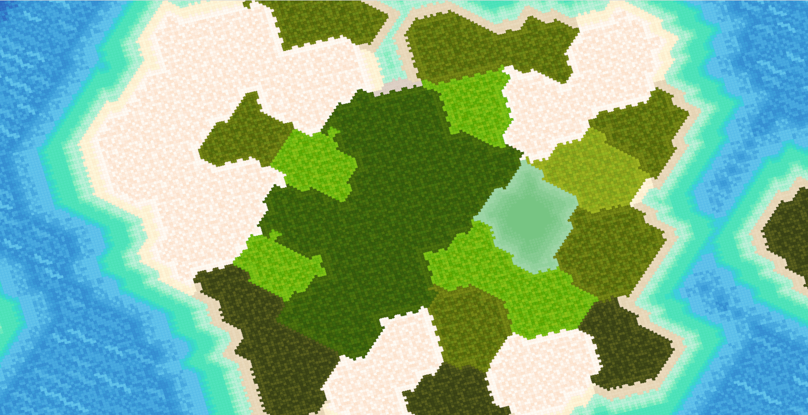 A large-sized island with a jagged coastline and a wider variety of land biomes.